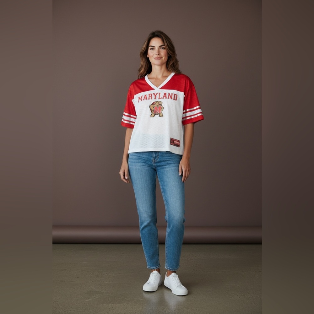 Colosseum Maryland Terrapins Women's Red and White V-Neck Cropped Jersey